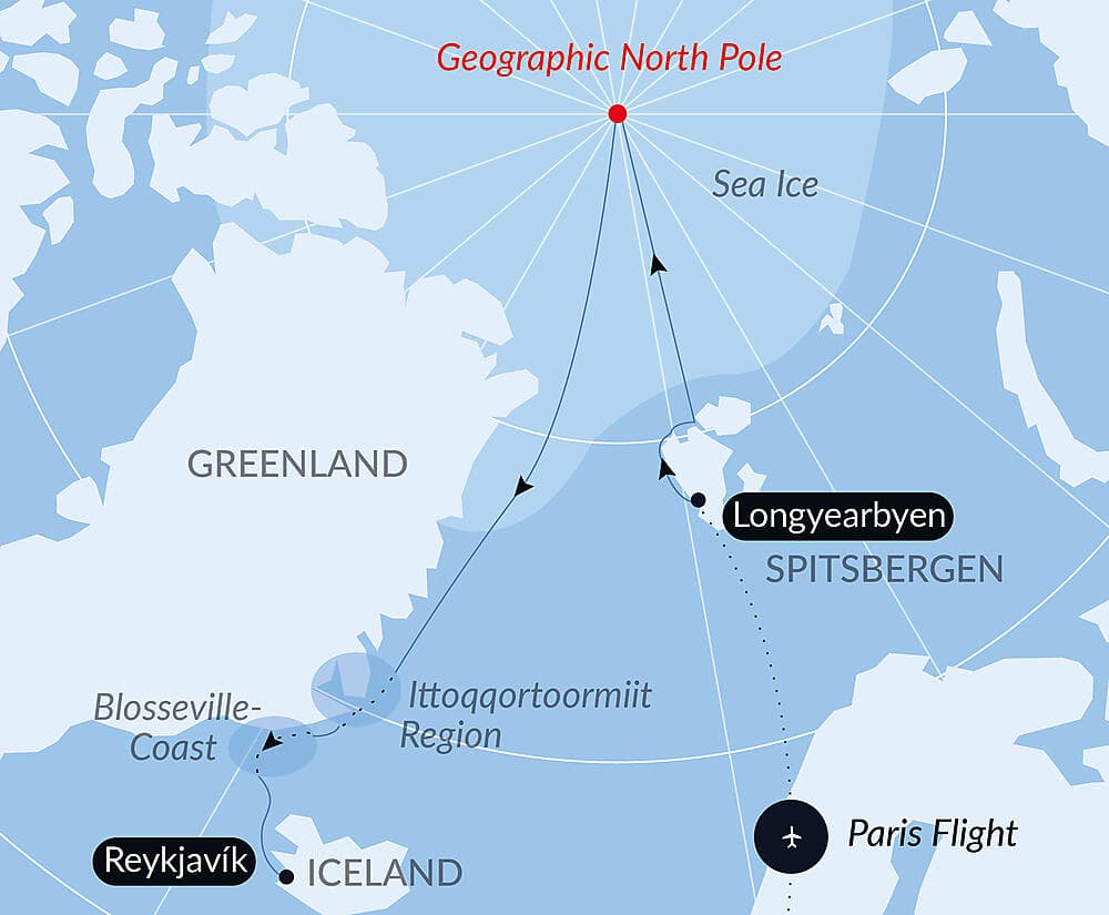 The Geographic North Pole and the east coast of Greenland null